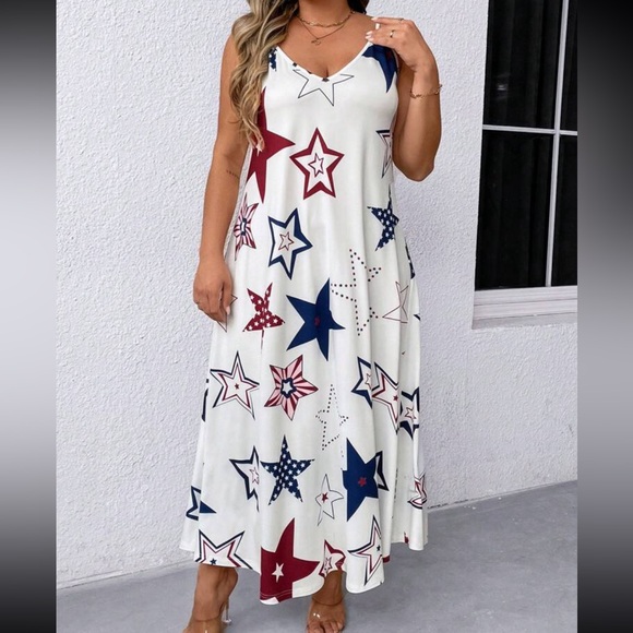 Plus Size Women's Star Print Cami Maxi Dress Independence Day White - Picture 4 of 10